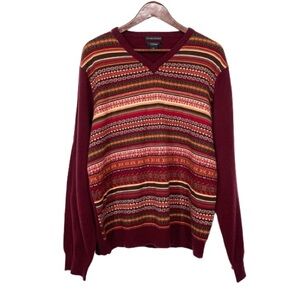 Men’s Cezani 100% Cashmere Maroon Unique Geometric Striped Preppy V-Neck Sweater